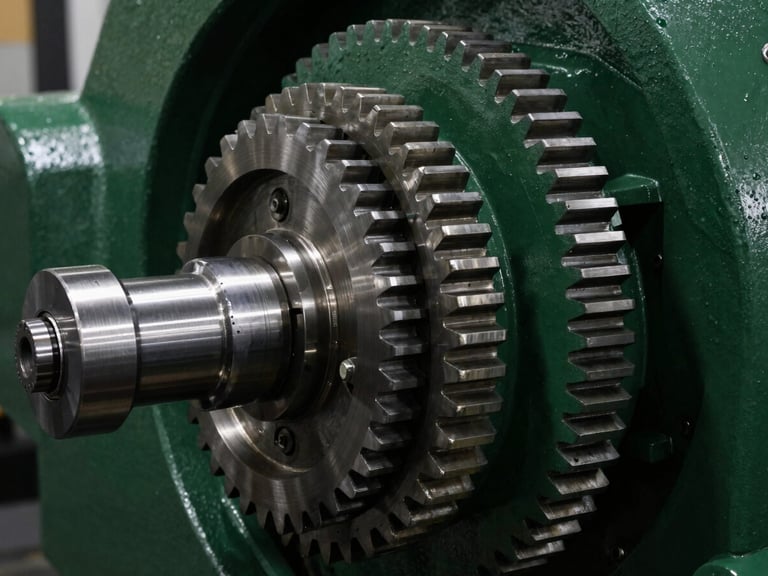 Close-up of a precision engineered gear mechanism, sharp focus, industrial lighting, metallic tones.