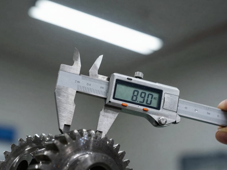 Macro detail of high-precision digital caliper measuring industrial steel gears on a factory floor, stark fluorescent industrial lighting, 35mm