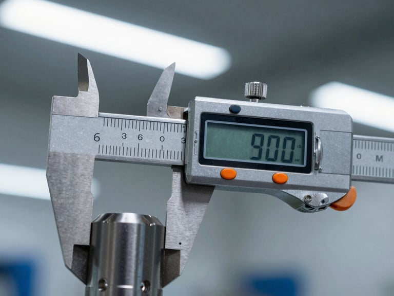 Macro close-up of a digital caliper measuring a machined steel component, sharp fluorescent industrial lighting, safety orange details, 35mm photography