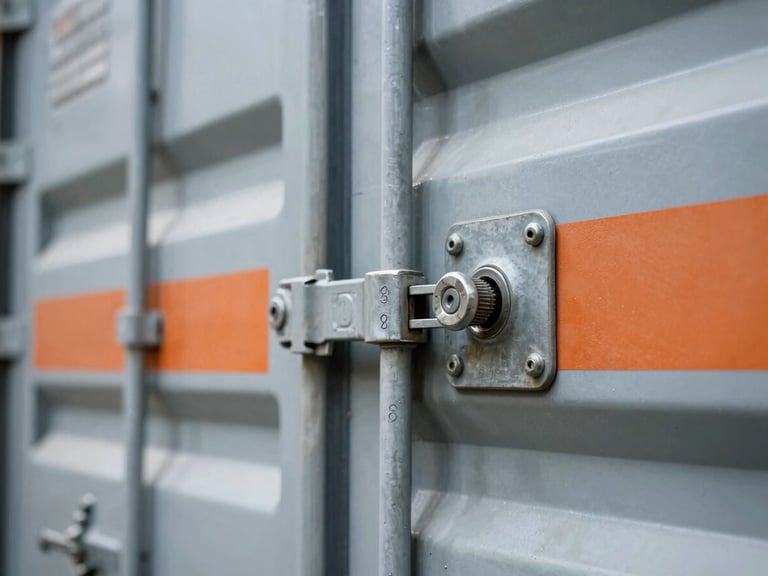 Close-up of industrial shipping container lock being sealed with a numbered steel bolt seal, high contrast warehouse lighting, 35mm