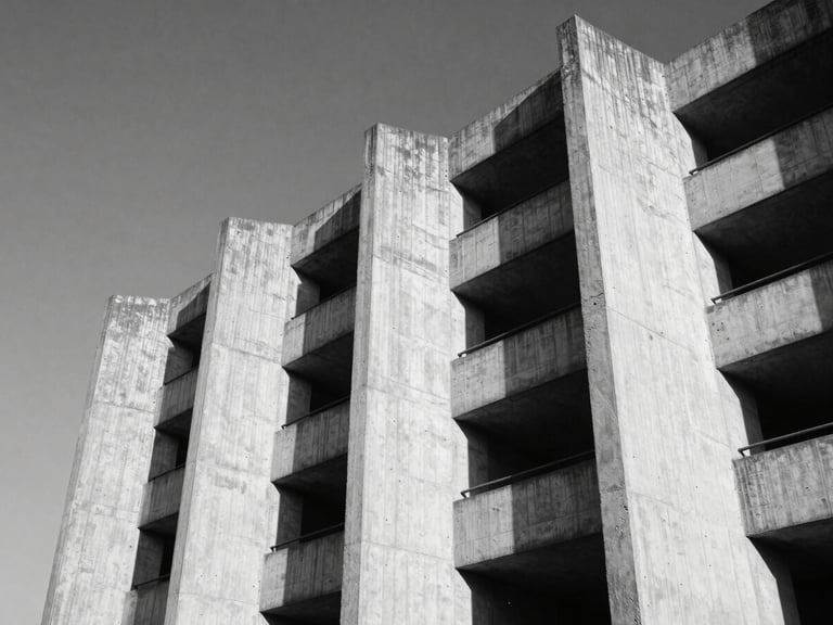 High-contrast black and white low-angle shot of brutalist concrete architecture in Accra, hard midday sun casting sharp geometric shadows, negative space on the left.