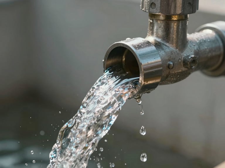 Crisp macro shot of crystal-clear water flowing under high pressure from a technical steel outlet, bright daylight, water droplets frozen in mid-air.