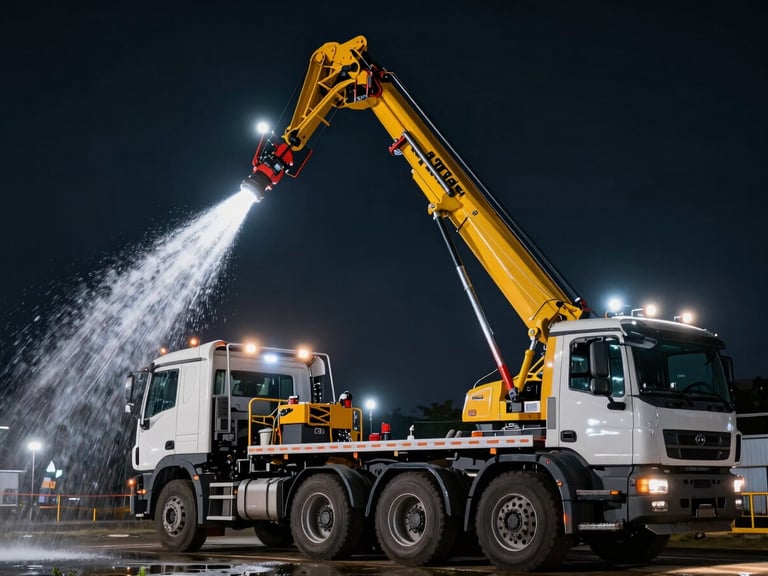 Low-angle heroic shot of a heavy truck-mounted well maintenance rig operating at night under bright technical spotlights, clean water spraying from a pipe outlet, high contrast