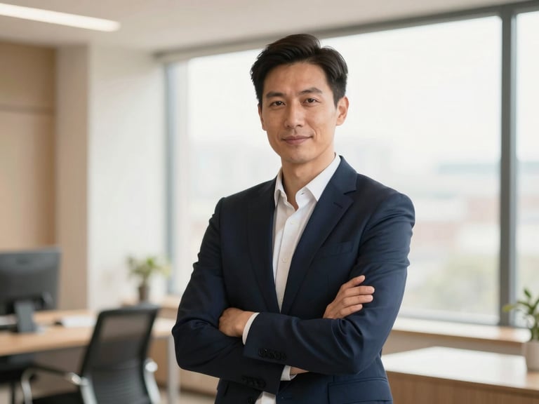 Confident portrait of a legal professional in a modern office, natural light, deep navy suit, thoughtful expression, warm editorial photography.
