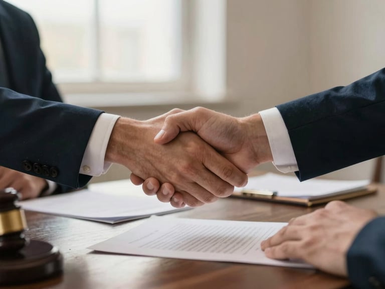 Close-up of a subtle handshake between two legal professionals, signed documents on a dark wood table, soft window light, shallow depth of field, warm editorial photography.