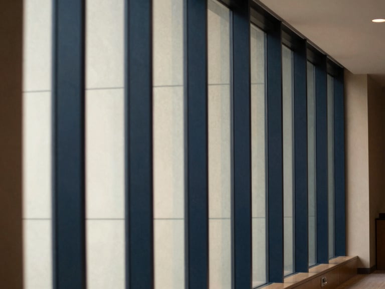 Architectural detail of a modern legal office corridor, deep navy tones, soft window light, shallow depth of field, warm editorial photography.