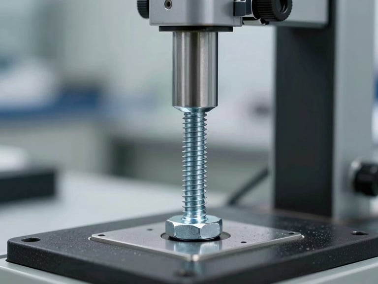 Close-up of a steel bolt undergoing a tension test in a laboratory, high-precision measuring tools visible