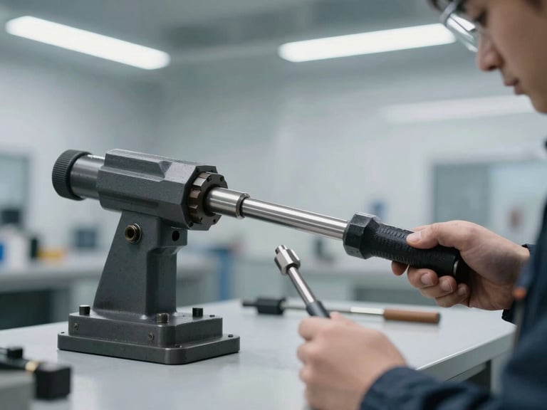 Industrial technician calibrating a heavy-duty torque tool in a clean, modern workshop