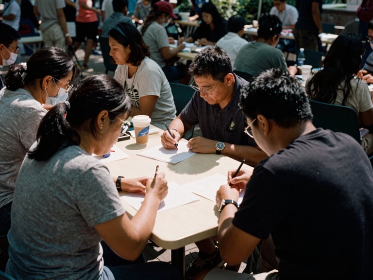 A documentary film photograph of a community health screening event, natural high-contrast daylight, deep muted earth tones, 35mm lens, authentic editorial style.