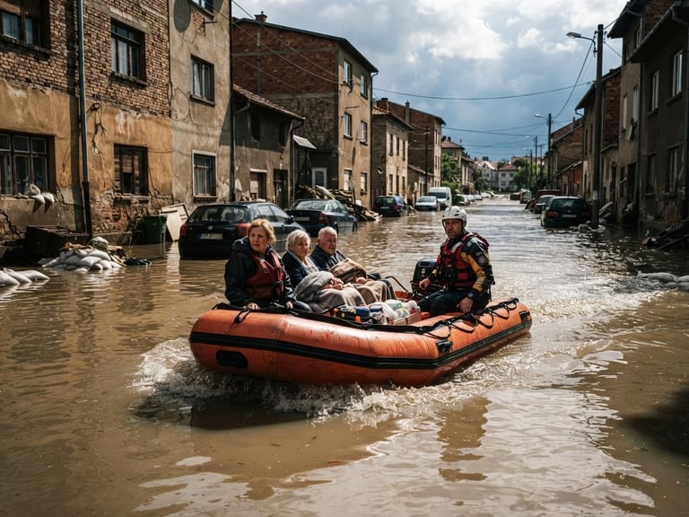 Documentary film photography of a rescue boat navigating a flooded street, natural high-contrast daylight, deep muted earth tones, 35mm lens, authentic editorial style.