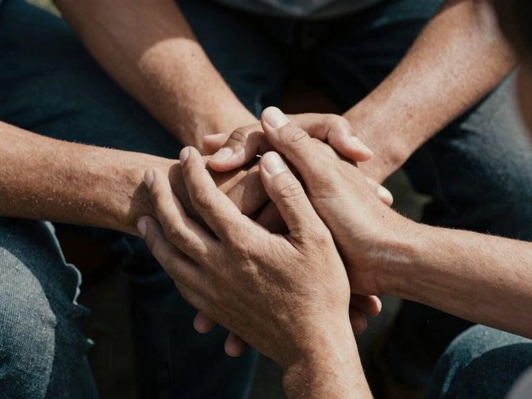 A close-up documentary film photograph of hands clasped in supportive dialogue, natural high-contrast daylight, deep muted earth tones, 35mm lens, authentic editorial style.