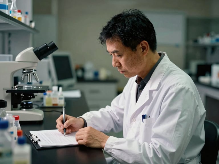 A documentary film photograph of a researcher in a clean laboratory environment, focused on clinical data, natural high-contrast daylight, deep muted earth tones, 35mm lens, authentic editorial style.