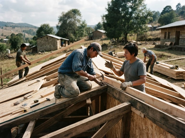 Documentary film photography of local builders collaborating on a community center roof, natural high-contrast afternoon light, deep muted earth tones, 35mm lens