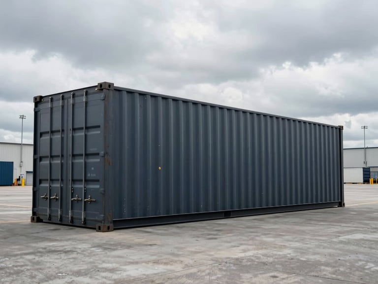 Side-angle view of a clean forty foot dark steel shipping container on a concrete terminal, overcast sky, industrial setting