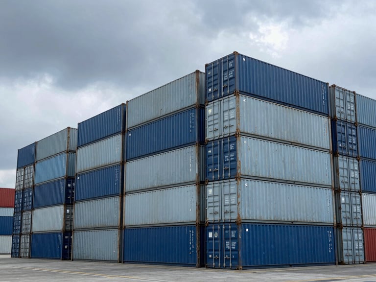 Wide-angle shot of massive shipping container stacks at a deep-water port under dramatic overcast daylight, cold metallic blue and steel tones