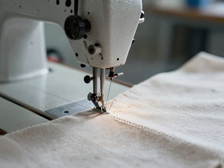 Industrial sewing machine in rapid motion, needle blurring, stitching a clean seam on heavy canvas fabric, cool-toned industrial daylight.