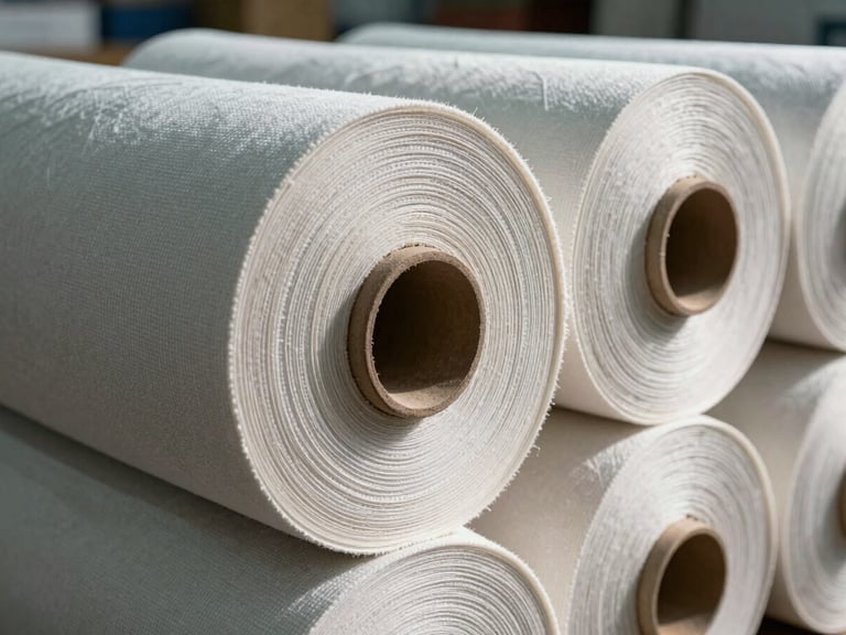 Extreme close-up macro shot of heavy-weight raw canvas textile rolls stacked horizontally in an industrial warehouse, cool-toned daylight casting sharp shadows on the woven fibers.