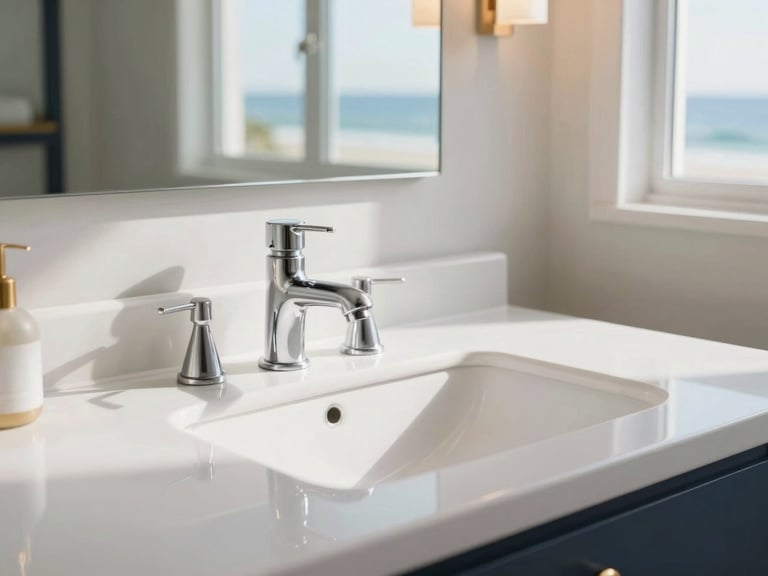 Clean, modern bathroom vanity with a white sink and polished chrome faucet, soft natural light, 35mm.