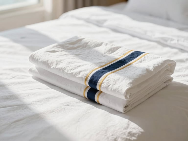Crisp white linens neatly folded on a bed in a bright, coastal-styled bedroom, soft shadows, natural light, 35mm.