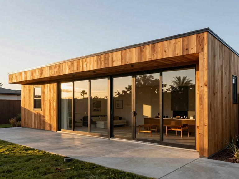 Wide architectural shot of a modern flat-roof detached ADU with warm cedar siding and floor-to-ceiling glass doors opening to a concrete patio, golden-hour California light