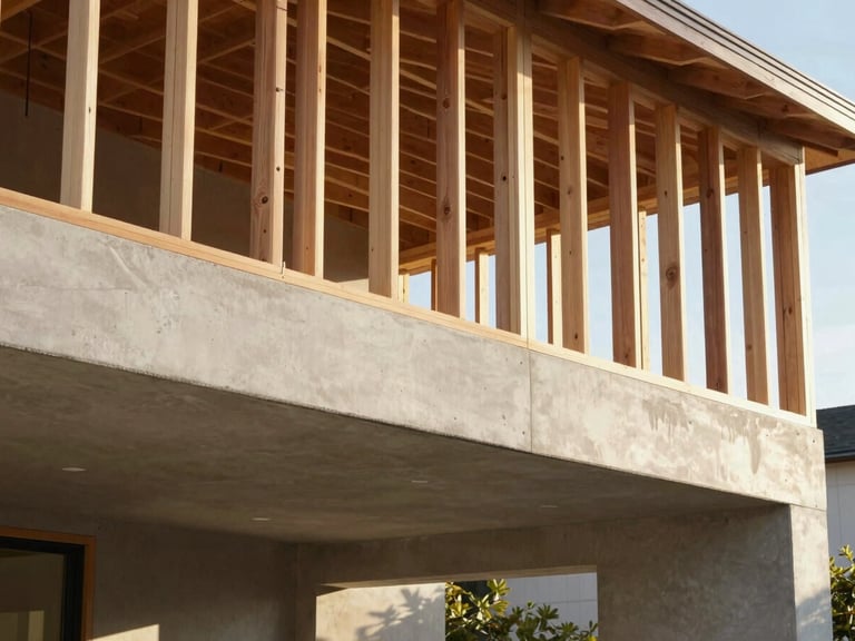 Architectural elevation detail showing structural concrete footings and modern wood framing under bright morning sunlight, clean and precise.