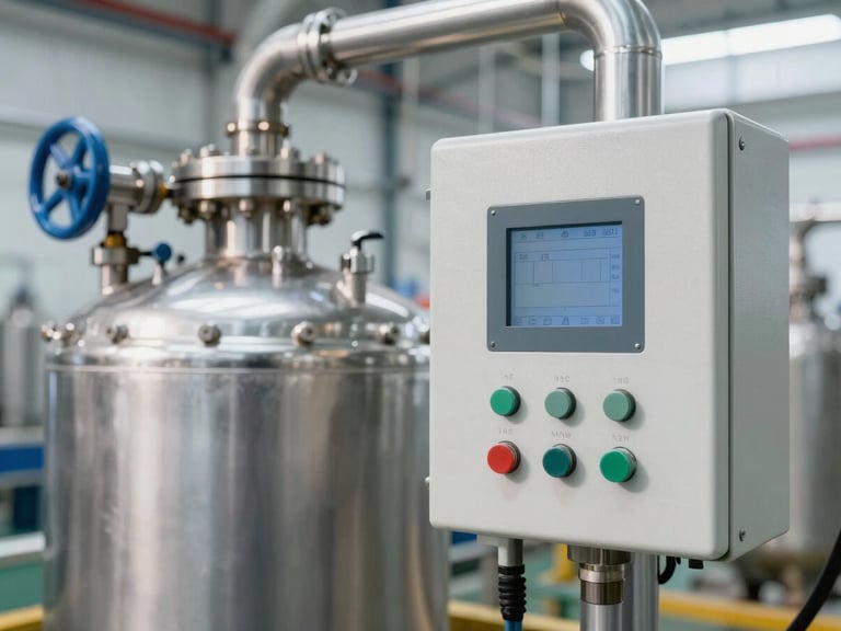 Detailed macro shot of stainless steel pressure vessels and digital PLC control panel on an RO plant skid, bright factory daylight