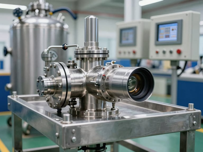 Sharp industrial photography of a heavy-duty stainless steel RO skid, bright clean factory lighting, metallic pressure vessels and digital PLC control panels, high-detail macro lens.