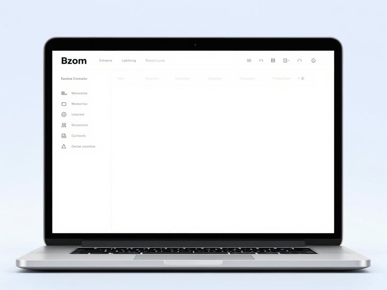 Clean headless e-commerce interface mockup on a laptop screen, minimal product cards, cool white studio lighting