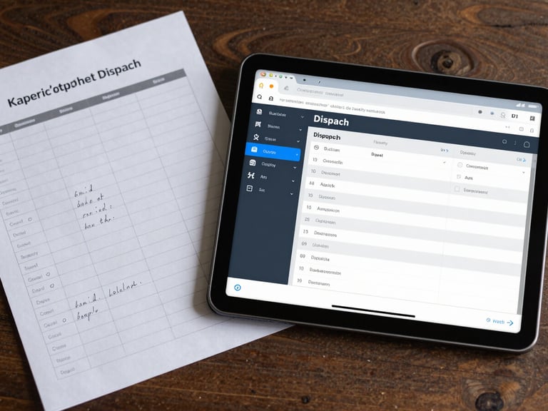 A split-screen layout showing manual handwritten scheduling sheets on the left, and a bright high-fidelity UI screenshot of an automated dispatch board on a tablet on the right.