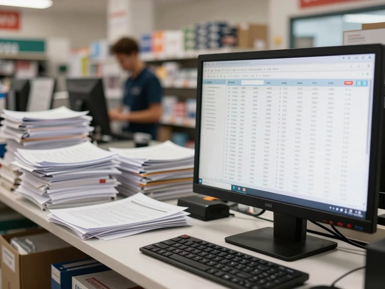 A split-screen layout showing a busy retail counter with cluttered paperwork on the left, next to a clean digital inventory dashboard displaying live stock sync on a desktop screen on the right.