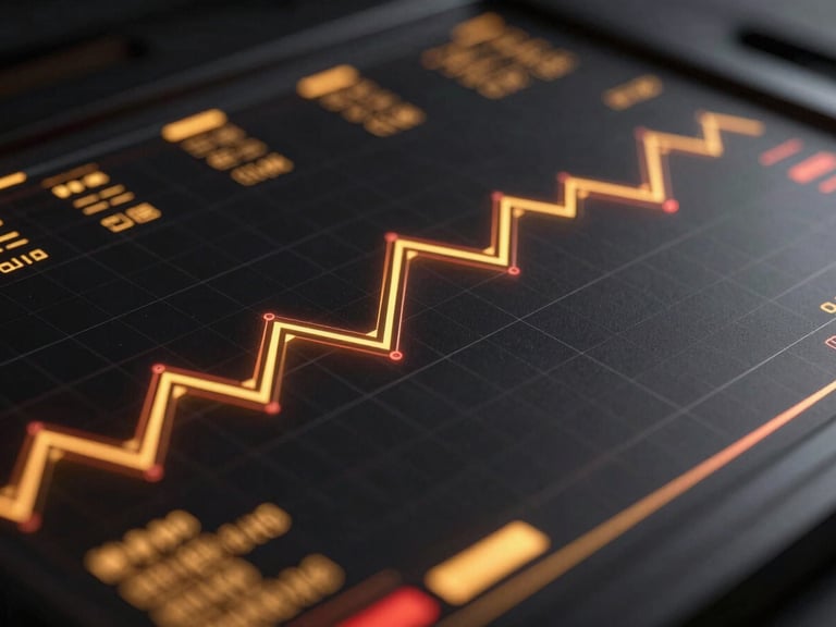 Sleek 3D render of a dark digital dashboard displaying glowing gold and red data visualization lines on a black grid, shallow depth of field, metallic reflections.