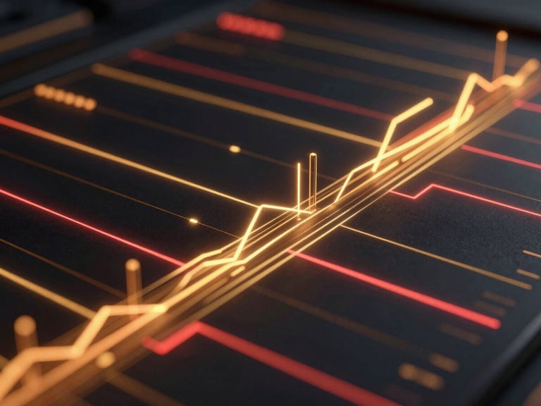 Sleek 3D render of glowing gold and red data visualization lines on a dark interface, macro depth of field, high contrast dark-room glow
