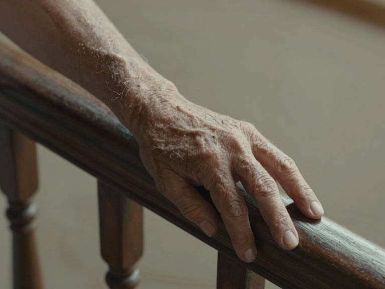 Close-up of an older person's hand resting on a dark wooden banister, natural north-facing light, grain of the wood visible, quiet and still, no faces
