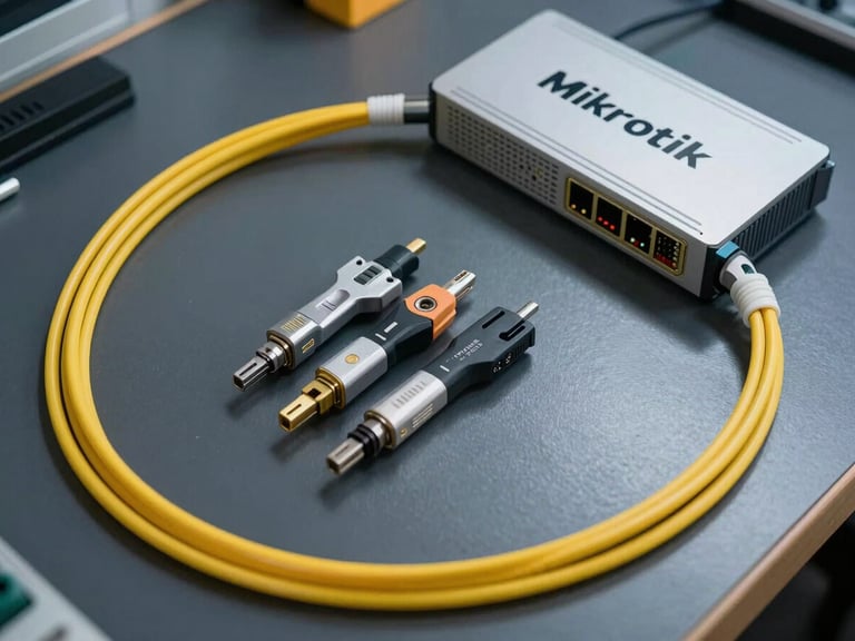 Overhead layout of fiber optic splicing tools, yellow fiber cables, and a Mikrotik router on a clean dark industrial workbench.