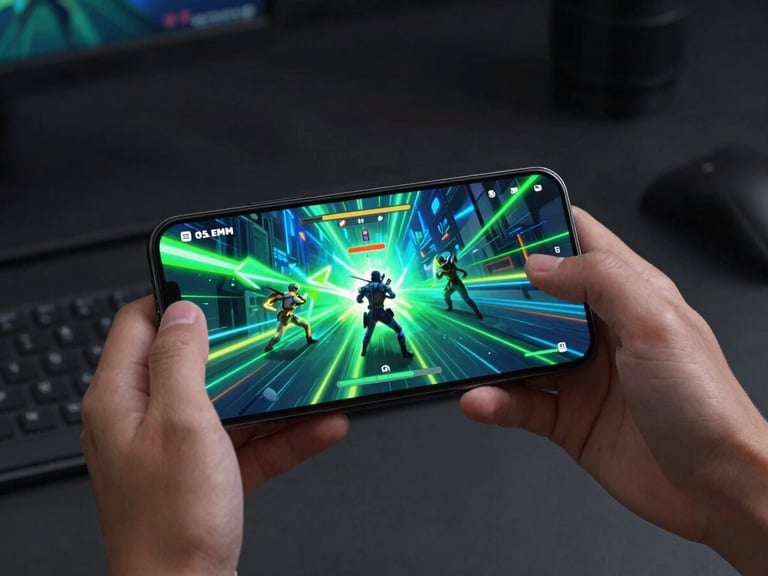 Sleek tech photography of a mobile device held in hands, displaying an action game with vibrant neon-green and electric-blue visual effects, dark creative workspace, 50mm lens