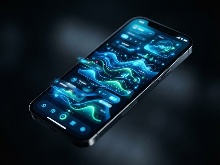 Dynamic angled shot of a high-fidelity mobile device mockup displaying a fluid, layered UI with electric-blue and neon-green accents, glowing against a dark, low-key ambient studio background. Focus on pixel-perfect interface details and digital motion, 50mm lens.