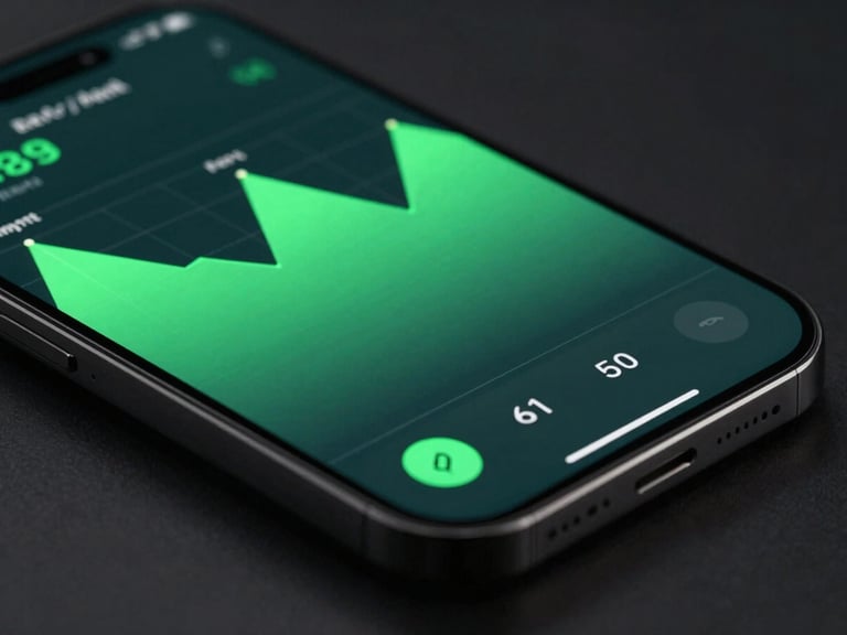 Sleek tech photography of a mobile screen showing a system performance monitor app with neon-green graphs, dark ambient studio lighting, dramatic screen glow, 50mm lens