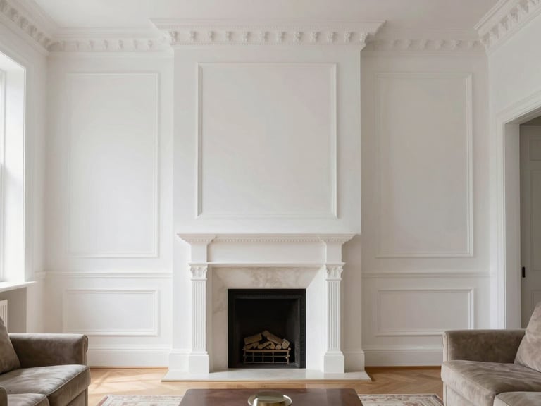 Straight-on structured architectural shot of a newly decorated Georgian living room flooded with natural light, showcasing immaculate white walls and flawless moulding details.