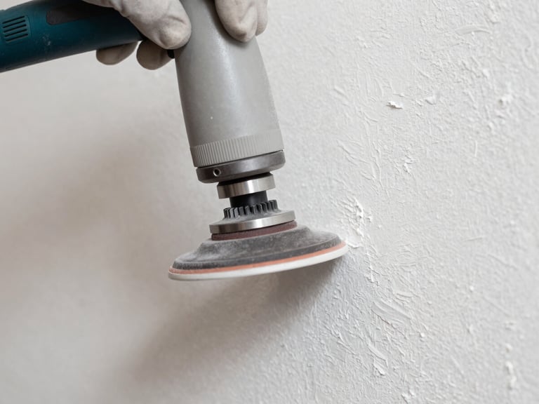 Straight-on macro shot of a dust-free sanding machine head gliding over a pristine, freshly repaired plaster wall, bright natural side-light highlighting the smooth texture, clean workspace.