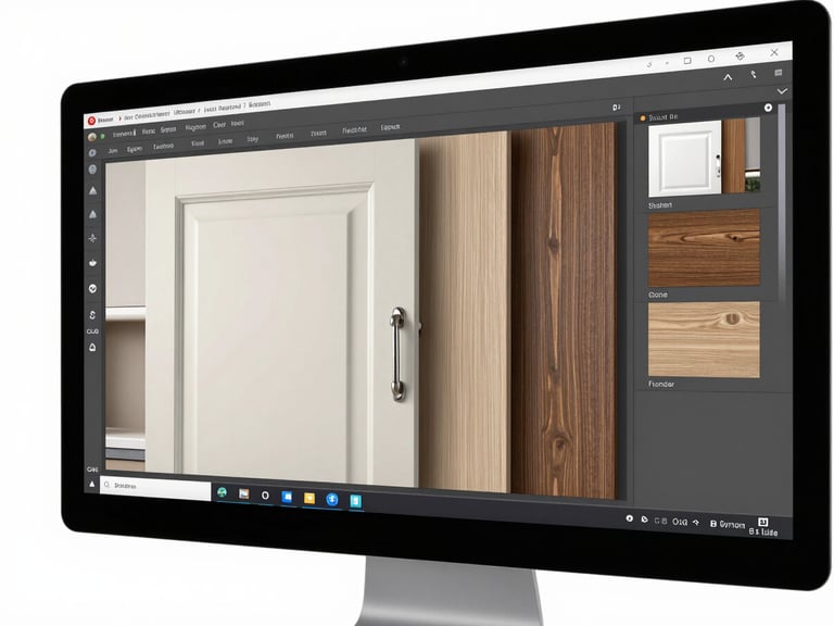 Close-up of a kitchen configurator interface on a large desktop monitor, showing cabinet door material and color selection mid-interaction, clean studio light, white background, UI controls and 3D model both visible and sharp