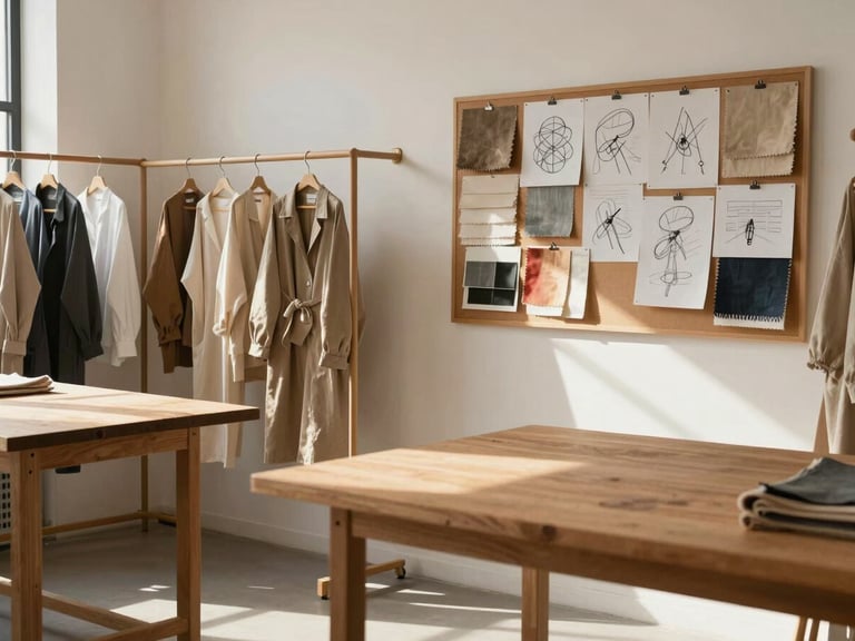 A sunlit, minimalist apparel studio with wooden worktables, hanging linen garments in earth tones, and a mood board covered in fabric swatches and hand-drawn sketches.