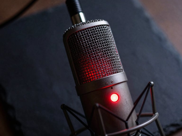 Extreme close-up of a high-end studio microphone with a red glow recording indicator, dark slate background, shallow depth of field, 35mm