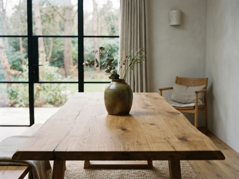 Minimalist home interior with a solid oak table, soft diffused natural daylight, a single ceramic vase on the table, warm wood grain texture, 35mm editorial lifestyle photography