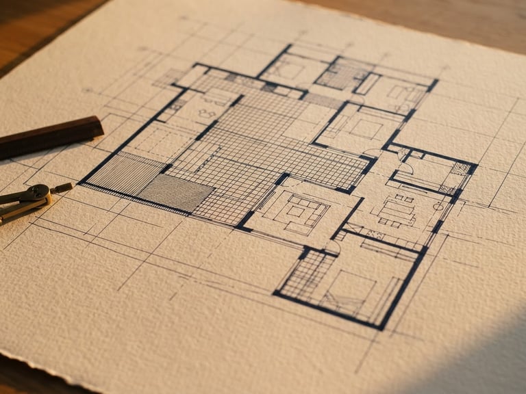 Architectural plan drawing on heavy textured paper, elegant golden-hour light casting long shadows across the grid lines, minimalist composition, 35mm