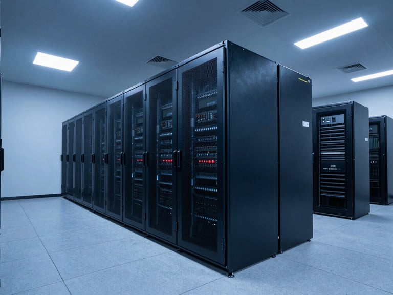 Wide-angle architectural view of a high-tech enterprise data center interior, cool blue-hour daylight, deep navy and slate tones, sharp clean shadows, 35mm