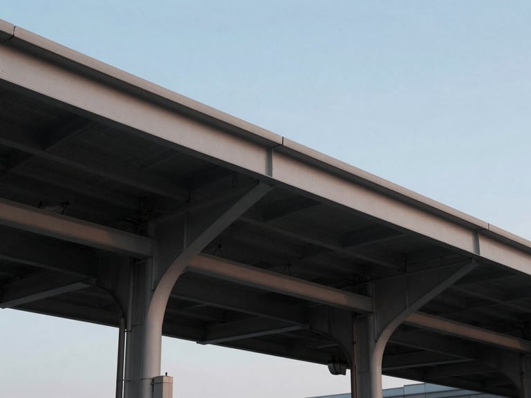 A close-up architectural view of a customs gateway structure at twilight, steel and concrete framing, clean lines, diffused cool evening light.