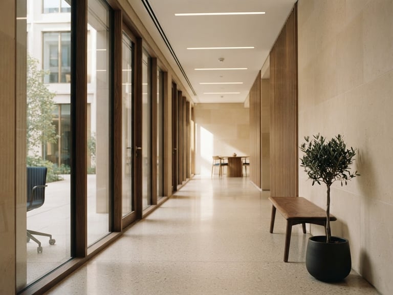 A quiet, sunlit architectural office corridor with clean lines, warm beige stone, soft morning window light, shallow depth of field, premium editorial look.
