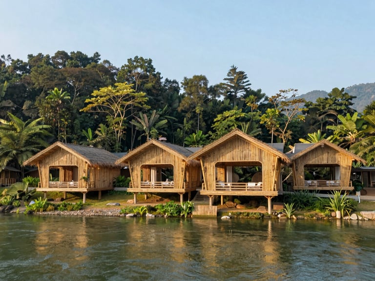 Wide-angle environmental shot of a luxury eco-resort pavilion built entirely from treated structural bamboo, overlooking a calm river at sunrise, crisp corporate photography