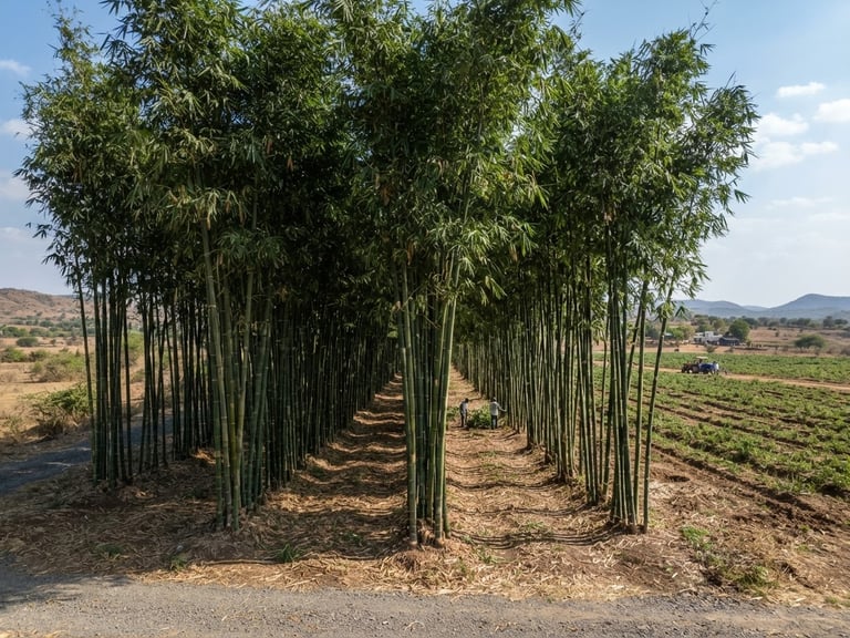 Wide environmental shot of a managed bamboo plantation in Gujarat, bright daylight, clean rows of high-yield Bambusa balcooa, architectural depth