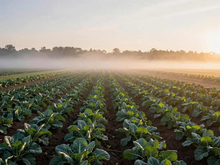 Wide landscape photograph of an organic farm in Maine at sunrise, low morning mist over neat rows of heirloom greens, soft directional golden light, quiet and spacious composition.
